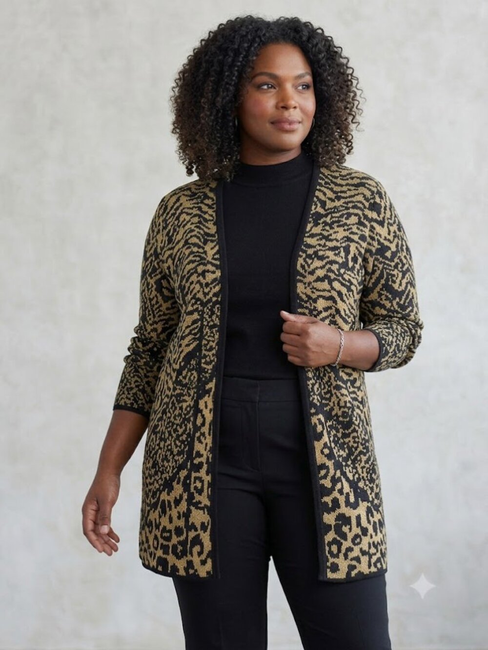 Ruby Rd Gold Black Cheetah Print Long Open Cardigan Sweater Size XL Made in USA